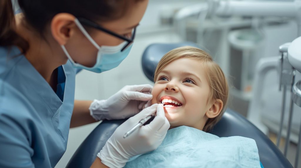 genere moi une image plutot réélle ou un dentiste soigne un enfant sur son fauteuil