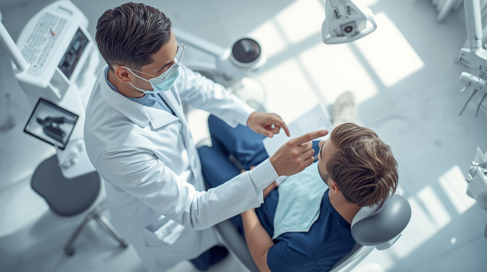 scene réélle d’un dentiste montrant un schéma dentaire à un patient assis sur une chaise, ambiance rassurante, fond clair, palette bleu marine et blanc, style flat design